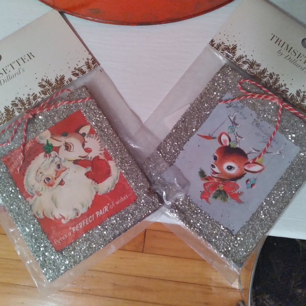 Two Rare Dillards Department Store Vintage Glitter Christmas Ornaments!